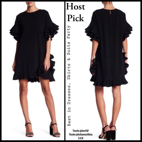 Gracia Pleated Ruffle Trim Black Dress 